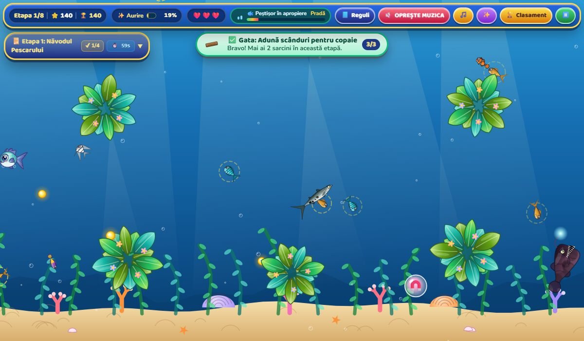 Capture du jeu : le poisson turquoise nage entre les algues, les coraux et les poissons colorés